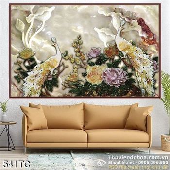 Tranh chim công 3d giả ngọc hoa sen psd