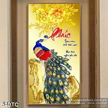 Tranh chim công phúc và hoa mẫu đơn mạ vàng đẹp