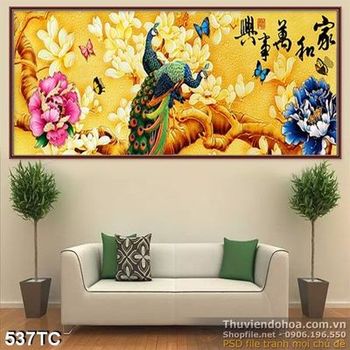 Tranh chim công khổ ngang và hoa mẫu đơn wall psd