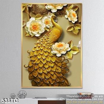 Tranh chim công màu vàng hoa sen trắng