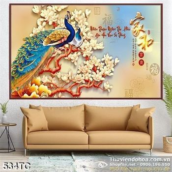 Tranh chim công đậu trên cành hoa đẹp 3d