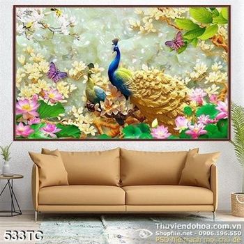 Tranh chim công và hoa sen nở rộ wall