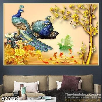 Tranh chim công đậu cành cây và con thuyền giả ngọc 3d