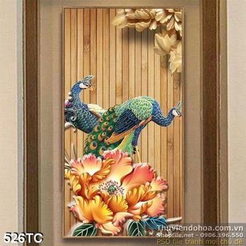 Tranh chim công điêu khắc và bông hoa mẫu đơn ấn tượng