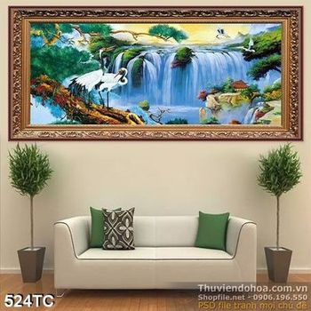 Tranh chim hạc và thác nước in uv đẹp