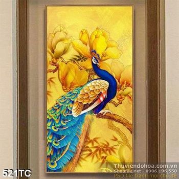 Tranh chim công khổ dọc đứng uy nghi in uv