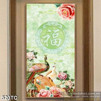 Tranh chim công giả ngọc đậu trên hòn đá