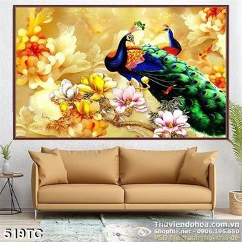 Tranh chim công đậu cành cây hoa mẫu đơn