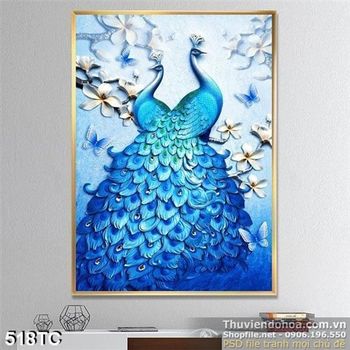 Tranh chim công có bộ đuôi màu xanh đẹp 3d