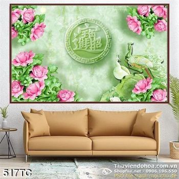 Tranh chim công cùng hoa mẫu đơn hồng 3d