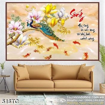 Tranh chim công chữ sống và đán cá chép 3d đẹp
