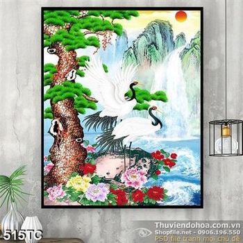 Tranh chim hạc đậu trên cành cây và thác nước in uv