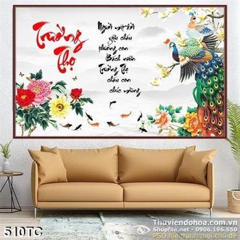 Tranh chim công trường thọ xòe đuôi