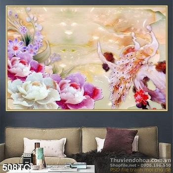 Tranh chim công 3d giả ngọc đẹp và hoa mẫu đơn