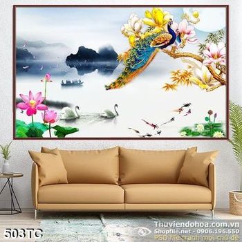 Tranh chim công thiên nga và hoa sen