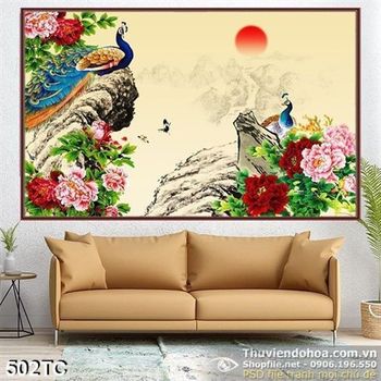 Tranh chim công mặt trời và hoa mẫu đơn đẹp