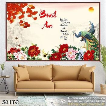 Tranh chim công bình an và hoa mẫu đơn