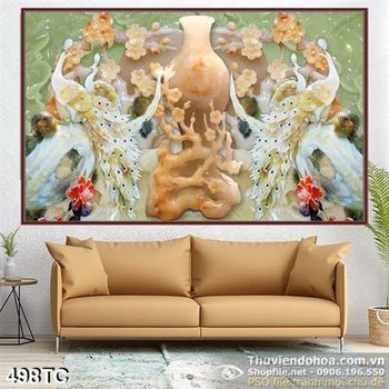 Tranh chim công 3d giả ngọc và bình hoa