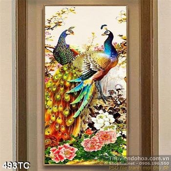 Tranh chim công khổ dọc và hoa mẫu đơn đẹp in uv