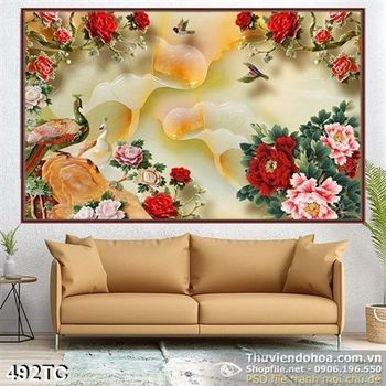 Tranh chim công hoa hồng và chú chim nhỏ