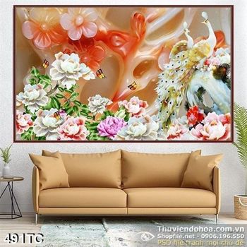 Tranh chim công 3d giả ngọc hoa mẫu đơn và hoa mai
