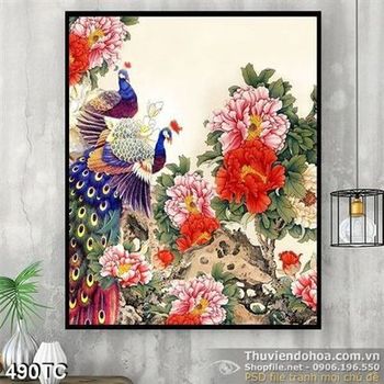 Tranh chim công khoe sắc và hoa mẫu đơn wall