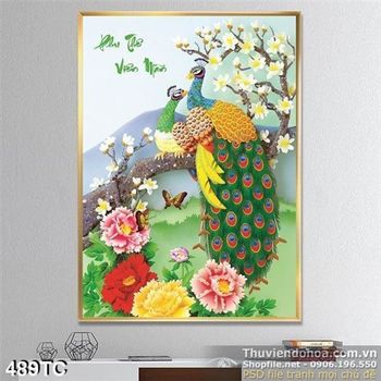 Tranh chim công vector đậu trên cành  in uv