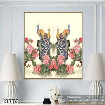Tranh chim công vẽ sơn dầu in uv