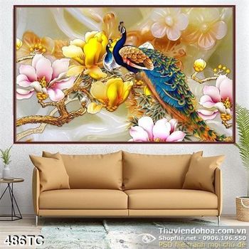Tranh chim công 3d giả ngọc cành cây