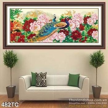 Tranh chim công hoa mẫu đơn