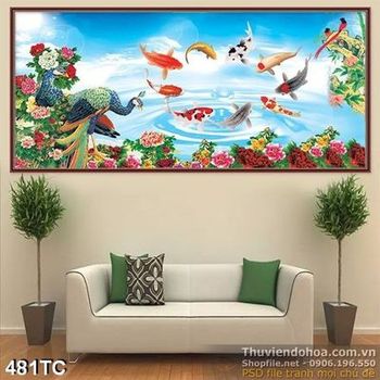Tranh chim công và cửu ngư quần hội psd