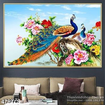 Tranh chim công và bầu trời trong xanh