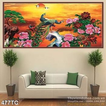Tranh chim công hoa mẫu đơn lúc mặt trời mọc wall psd