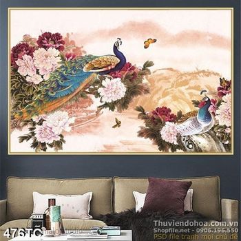 Tranh chim công sơn dầu hoa mẫu đơn