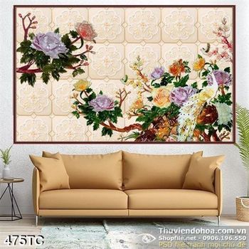 Tranh chim công hoa mẫu đơn in uv psd