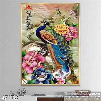 Tranh chim công phúc và hoa mẫu đơn đẹp lung ling