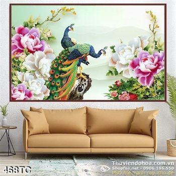 Tranh chim công hoa mẫu đơn màu hồng in uv