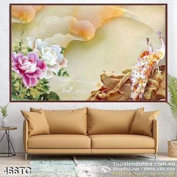 Tranh chim công hoa mẫu đơn giả ngọc 3d