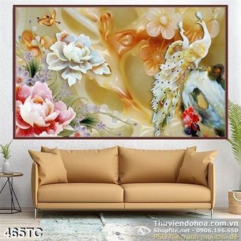 Tranh chim công 3d giả ngọc và hoa mẫu đơn in uv wall