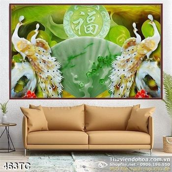 Tranh chim công màu trắng và quạt xanh lá