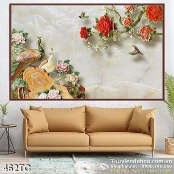 Tranh chim công 3d giả ngọc wall hoa hồng đỏ