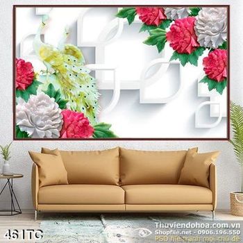 Tranh chim công 3d và hoa hồng đỏ psd