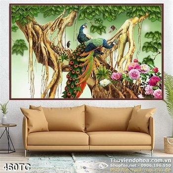 Tranh chim công 3d và hoa mẫu đơn