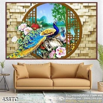 Tranh chim công và hoa sen  vàng 3d in uv