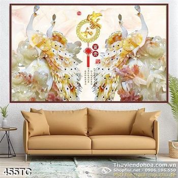 Tranh chim công bên cửa sổ và hoa mẫu đơn