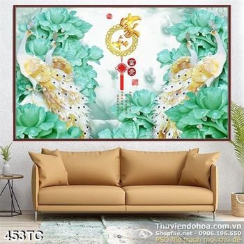 Tranh chim công 3d giả ngọc hoa mẫu đơn xanh