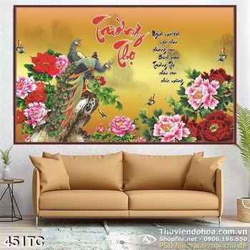 Tranh chim công trường thọ và hoa mẫu đơn in uv