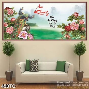 Tranh chim công an khang và hồ nước xanh psd