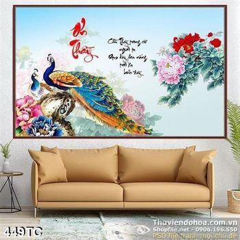 Tranh chim công ơn thầy và hoa mẫu đơn đẹp ấn tượng