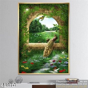 Tranh chim công in uv đứng bên hiên cửa sổ